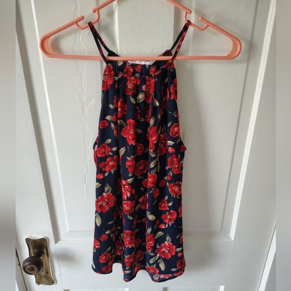 Lush Women's Medium Blue w/ Red Rose Pattern Spaghetti Strap Tank